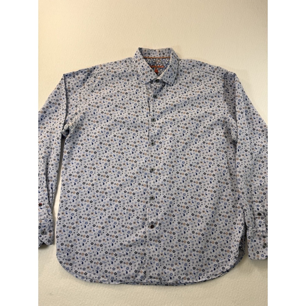Luchiano Visconti Black Mens Flip Cuff Button Up Shirt L Baby Blue Geometric EUC